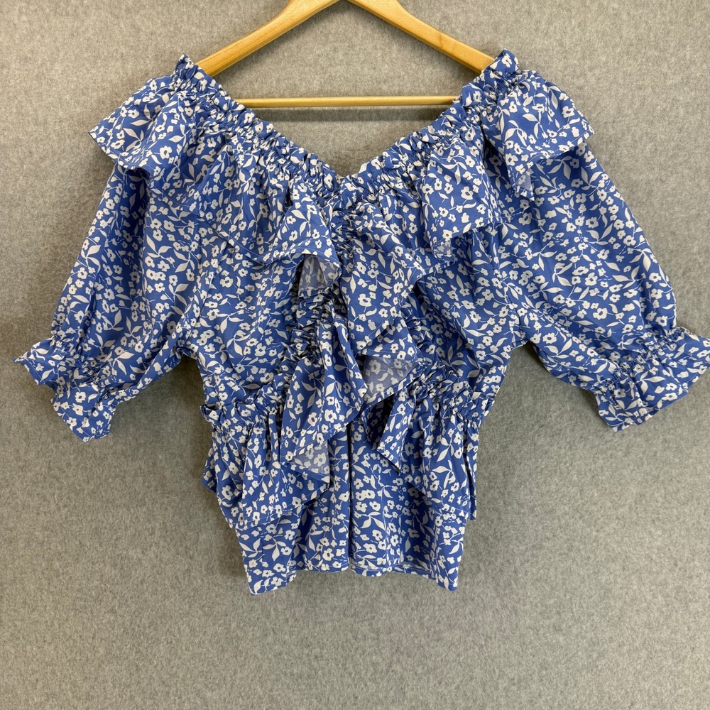 70F 21C Floral‎ Ruffle Top V Neck Short Sleeve Blue Multi Blouse Size Large NWT